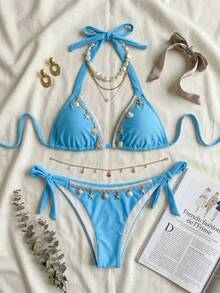 两件套女士海洋主题性感休闲比基尼套装，吊带纯色泳衣，适合海滩、游泳、春夏度假，可拆卸胸垫 - 淺藍色 - 查看 4