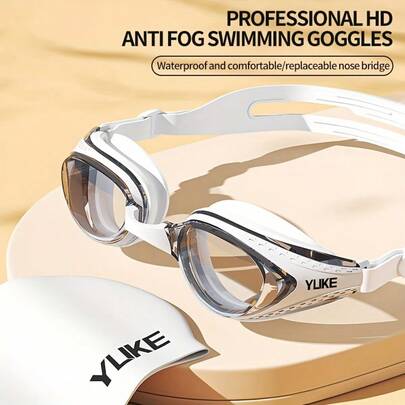 Feather High Definition Anti-Fog Swimming Goggles, Adult Waterproof Large Frame Swimming Goggles With Interchangeable Nose Bridge, Swimming Cap Set, Professional Swimming Equipment