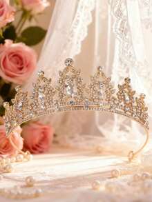 1件新娘金色水晶皇冠，婚礼头饰，公主皇冠，高端生日/万圣节配饰 - 金色 - 查看 2