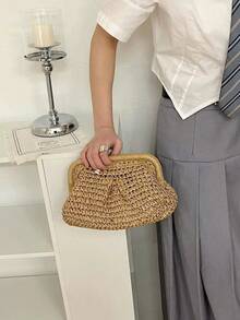 Women's Beige Straw Woven Frame Clutch Bag, Boho Raffia Handbag, Casual Beach & Vacation Purse For Summer - 卡其色 - 查看 5