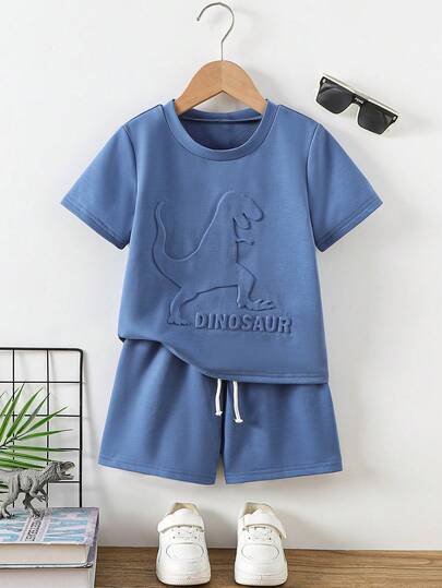 Young BoySummer Short Sleeve T-Shirt Top With Dinosaur Embossed Pattern And Drawstring Shorts Casual Outfit