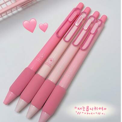 Bộ 4 bút bi đầu mút màu hồng nữ tính, mực không lem chất lượng cao, thích hợp cho học sinh và văn phòng phẩm.