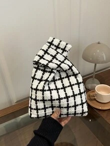 Plaid Wristlet Bag, Niche Design Handheld Bag, Retro Tweed Tote Bag, Versatile Mini Bag For Commuting & Daily Use - Black and White - View 4