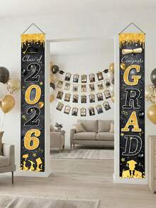 3pcs/Set 2026 Black & Gold Glitter Entrance Banner - "Class Of 2026" And "Congratulations On Your Graduation" Outdoor Welcome Sign With Graduation Cap And Diploma Design, Ideal For High School And College Graduation Party Decor - Multicolor - View 4