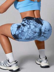 NcmRyu 1件装 女士高腰无缝弹力扎染运动修身短裤 - 藍色 - 查看 7