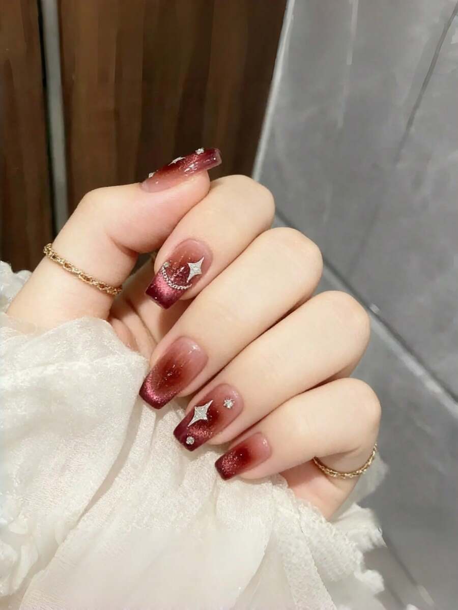 10pcs Y2K Mid-Length Gradient Wine Red Sweet Acrylic Press-On Nails Set, Handmade With Super Glossy Finish, Silver Chain And Wine Red Cat Eye Effect To Enhance Your Elegance, Minimalist And Chic Style Artificial Nail Tips For Women, Suitable For Holidays, Parties, Gatherings, Dates, And Daily Wear - Burgundy - View 1