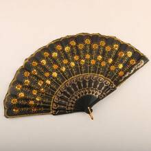 1pc Exquisite Golden Lace Floral Folding Hand Fan, Suitable As An Accessory For Weddings, Parties And Other Events. - Gold Sequin Version - View 7