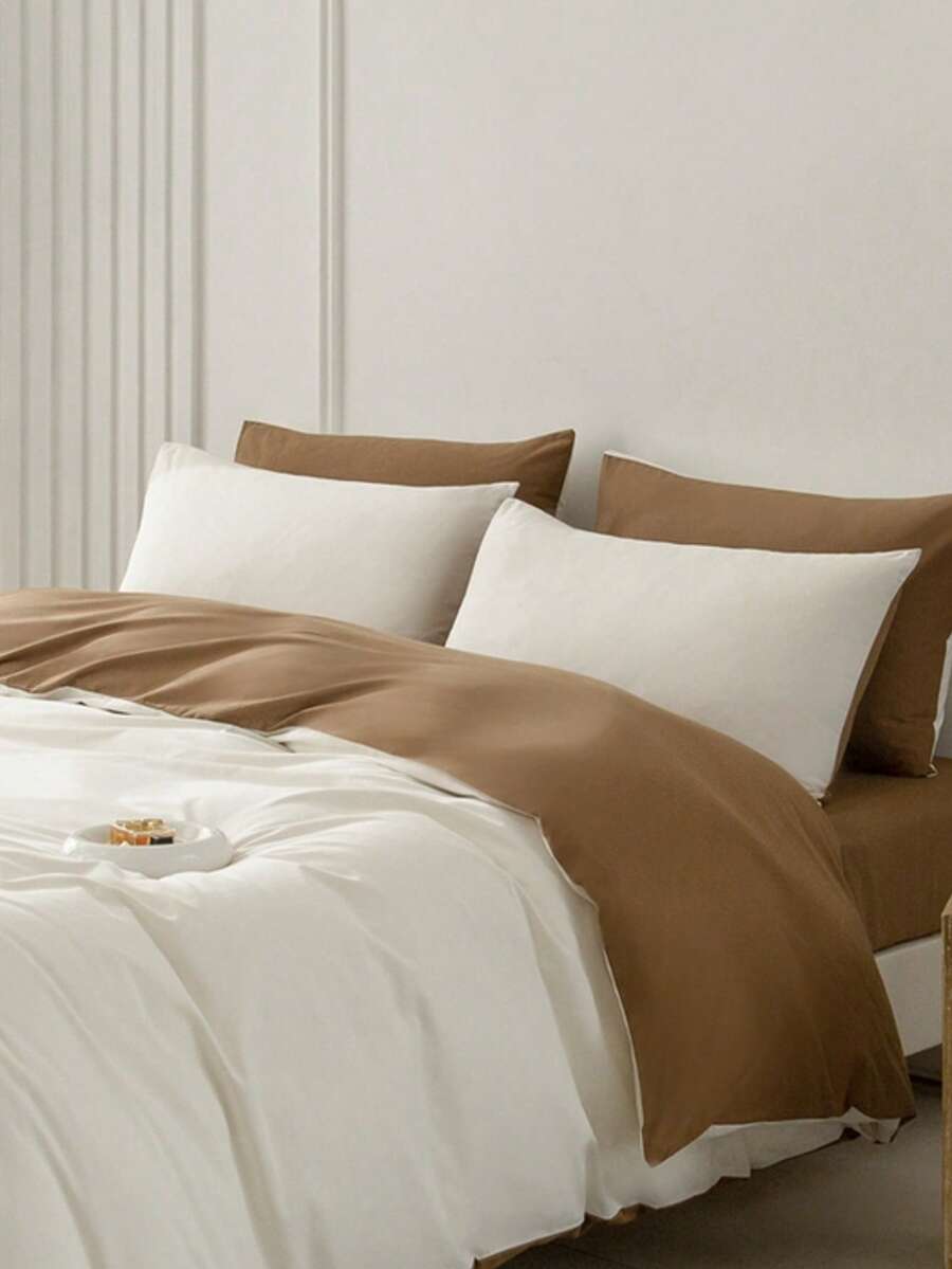 New Solid Color Patchwork Nordic Style Simple Polyester Duvet Cover 3 Pieces Set - Coffee Brown - View 1