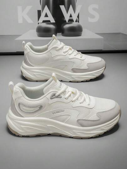Giày thể thao ngoài trời/giày sneaker đế dày thoải mái màu trắng thời trang dành cho nam, chất liệu vải lưới phối nhiều mảnh, đế cao su.