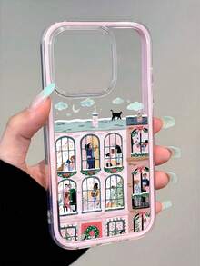 1pc Unique Happy House Dancing Scenery Graphic Pink Transparent TPU Phone Case Compatible With IPhone 16/16Pro/15/15ProMax/15Pro/11/12/13/14ProMax/12Pro/12ProMax/13Pro/13ProMax/14Pro/14ProMax, Creative & Elegant - Multicolor - View 4