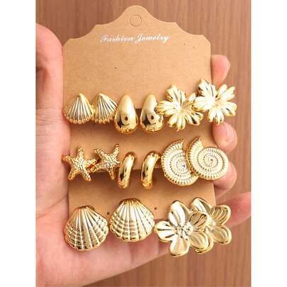 2/4/6/16pcs Fashionable Earring Set, Exaggerated Oversized Five-Petal Flower, Starfish, Shell, Water Drop, C-Shape Earrings, Suitable For Daily And Holiday Wear, Made Of ABS Resin With UV Plated Non-Fading Gold