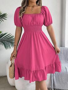 Women's Spring Summer Casual Ditsy Floral Print Dress Short Puff Sleeve Drawstring Waist Flowy A-Line Midi Dress Boho Beach Vacation Holiday Outfit - 玫紅色 - 查看 12