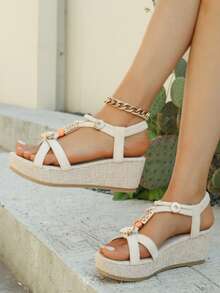 Giày sandal đế xuồng cho thanh thiếu niên, sandal cao gót hở mũi, sandal thời trang đa năng phù hợp cho kỳ nghỉ. - Màu be - Xem 2
