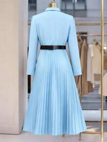 Women's Elegant Pleated Button-Down Long Sleeve Shirt Dress (Belt Not Included), Autumn Spring - Màu xanh nhạt - Xem 6