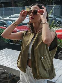 Women's Sleeveless Cargo Vest, Loose Zipper Pocket, Casual Outdoor Jacket - Army Green - View 7