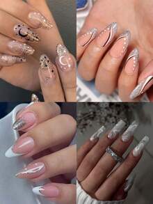 8 miếng dán móng tay họa tiết đường kẻ trừu tượng màu đen, trắng và bạc, phong cách tối giản Y2K, hình lượn sóng, trăng lưỡi liềm, ngôi sao, thích hợp cho lễ hội âm nhạc/tiệc punk/tự làm hàng ngày, quà tặng ngày lễ, DIY, Y2K - Nhiều màu - Xem 3