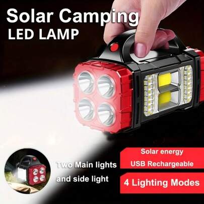 4-In-1 Solar Rechargeable LED Flashlight, Solar/USB Charging Emergency Lamp, 4 Lighting Modes, LED & COB Dual Design, Dual Switch Control, Portable Work Emergency Light, IP65 Waterproof, Suitable For Hiking, Fishing, BBQ, Running, Repair