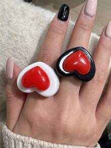 2pcs/Set Cute Black, White & Red Heart Resin Rings, Minimalist Sweet Romantic Ring Set, Suitable For Daily & Holiday Wear - Multicolor - View 6
