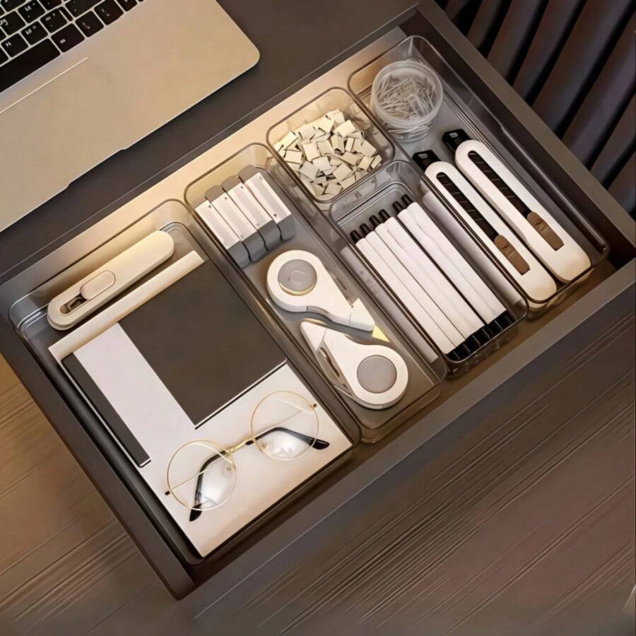 10/7/4/1 pieza Caja organizadora de cajones, Caja organizadora de accesorios para el cabello, Caja de cajón de escritorio, Caja de almacenamiento de cosméticos, Caja de compartimentos multifuncional de plástico PET transparente, Adecuada para dormitorio, baño, armario, organización de escritorio.