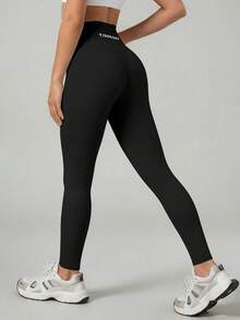 TimeOff 1pc Women High Waist Solid Color Elastic Stitching Slimming Sports Pants - Black - View 5