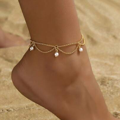 1pc Minimalist Bohemian Faux Pearl Anklet, Women's Summer Beach Holiday Daily Wear & Gift