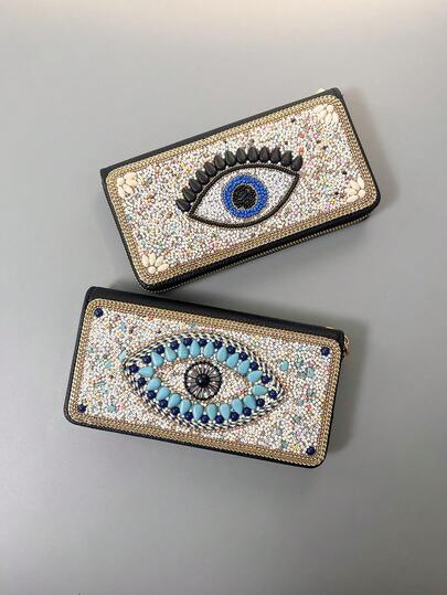 女士长款钱包，上帝之眼系列，闪亮串珠工艺，可作晚宴手拿包使用，大容量设计，可收纳手机、现金、钥匙等小物件，多个卡槽方便整理不同卡片，高品质PU材质，触感柔软。金色象征光明与希望，白色代表纯洁、和平与“新的开始”，黑色则代表冷静、神秘与力量。