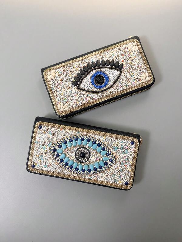 Cartera larga para mujer, serie Ojo de Dios, artesanía brillante con cuentas que se puede usar como un bolso de noche, gran capacidad para guardar teléfono, dinero, llaves y otros artículos pequeños, múltiples ranuras para tarjetas para organizar diferentes tarjetas, material de PU de alta calidad para un tacto suave, el color dorado aporta la energía de la luz y la esperanza, el blanco representa la pureza, la paz y "un nuevo comienzo", el negro representa la frescura, el misterio y la fuerza