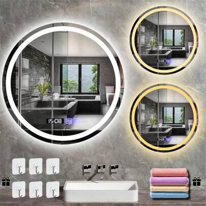 Espejo De BañO LED,Espejo Inteligente Con Hora Y BotonesáCtiles,Espejos Para BañO Con Ajustable En 3 Temperaturas De Color,FuncióN De Memoria Y DesempañAdo. (Rotundidad 60x60cm)