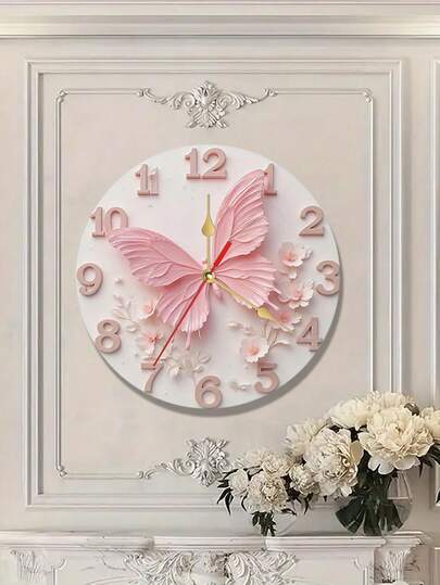 优雅粉色蝴蝶静音石英挂钟 - 现代艺术装饰，适用于卧室、公寓、宿舍、浴室 - 万圣节、圣诞节、复活节的理想礼物 - 需要AA电池（不包含在内） - 家居装饰挂钟