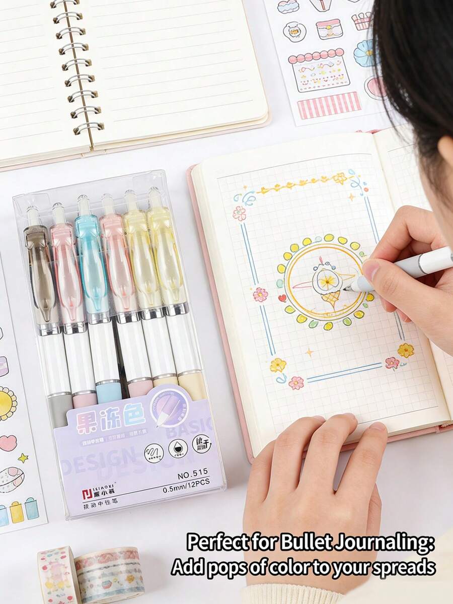 12PCS Unisex Translucent Jelly Color Click Gel Pen Set, 0.5mm Large Capacity Ink For Long-Lasting Smooth Writing, No Bleed Consistent Ink Technology, Retractable Click Design, Modern Stylish Barrel, Perfect For Office, Note-Taking, School, Back To School Season, Holiday Gifts & All Seasons - Gel Pen - View 1