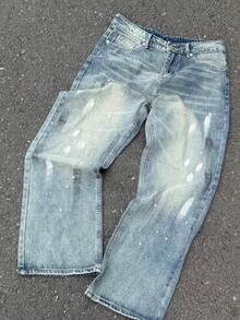 Pantalones vaqueros de mezclilla azul casual y sencillos para hombre - Azul lavado medio - Ver 2