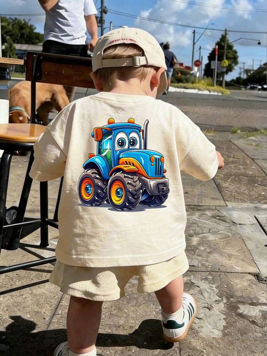 Baby BoyCute Tractor Print Round Neck Short Sleeve T-Shirt, Casual Summer - Apricot - View 1