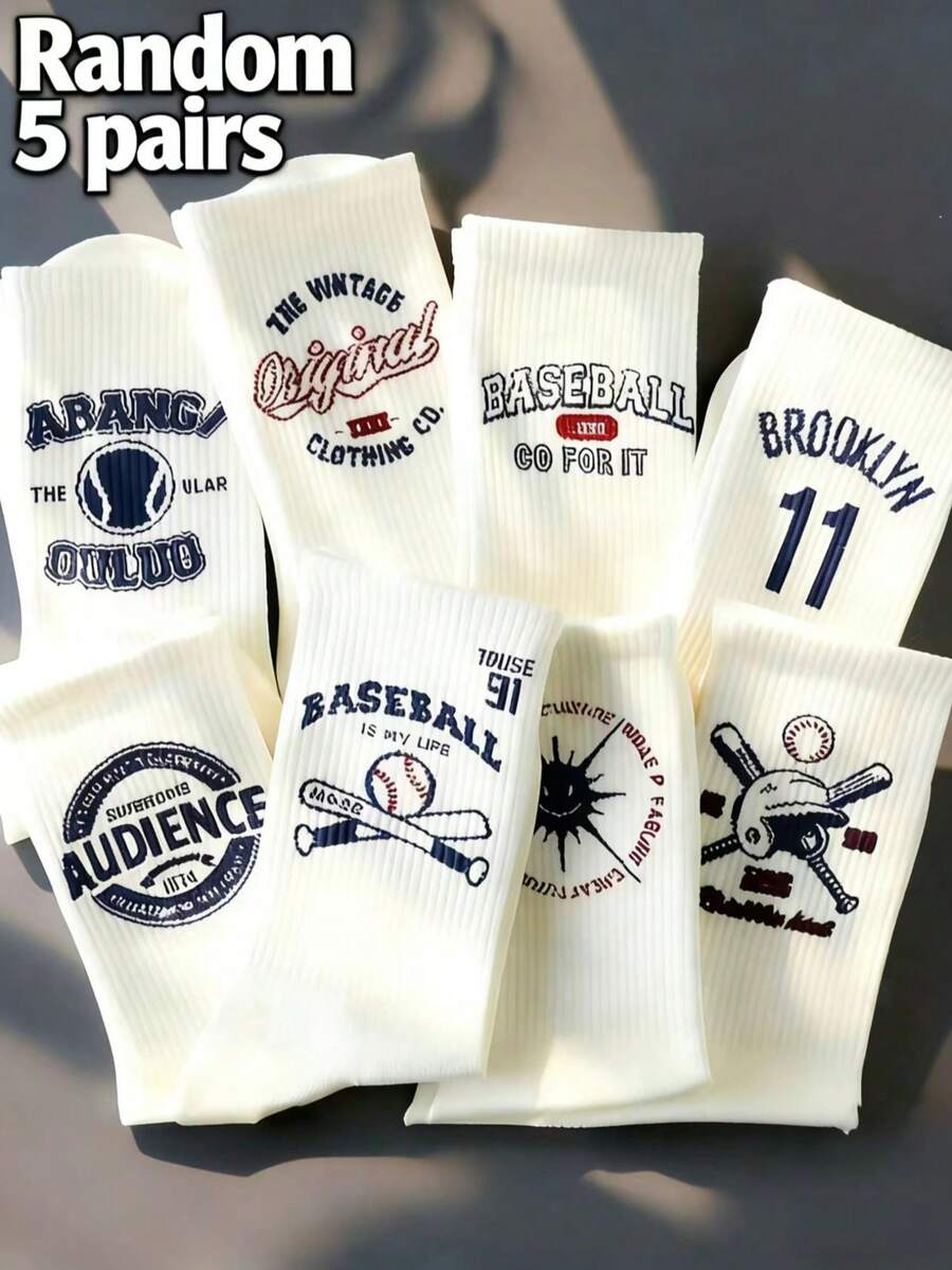 5 Pairs Unisex Baseball Letter Pattern Mid-Calf Socks, Streetwear Sports Style, Suitable For Daily Wear, Autumn - Multicolor - View 1