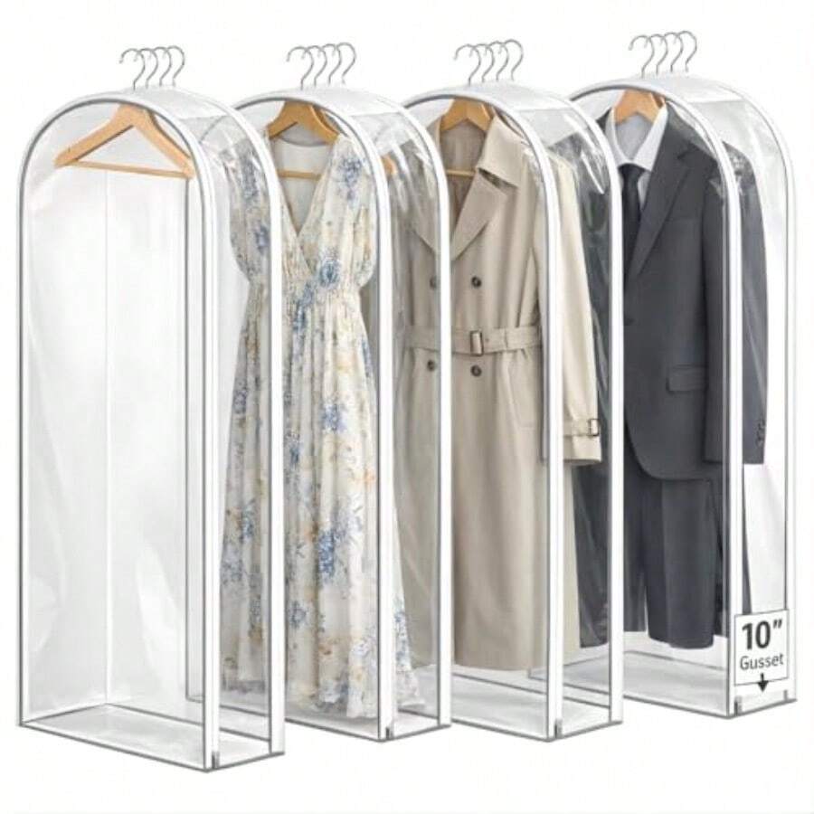 Bolsas transparentes de 65 pulgadas paquete de 4 bolsas de ropa colgantes para almacenamiento en el clóset PVC duradero con tirador de cierre individual cubierta de ropa transparente para trajes - Blanco - Ver 1
