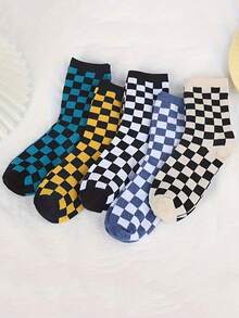 5 Pairs Minimalist Colorful Checkerboard Pattern Mid-Calf Socks - Multicolor - View 1