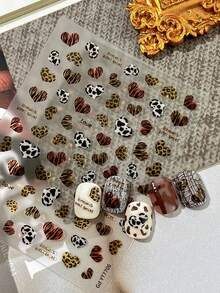 1pc Glossy Jelly Leopard Print Heart Nail Stickers, 5D Embossed Tiger Cow Pattern Self-Adhesive Nail Decals - Multicolor - View 1