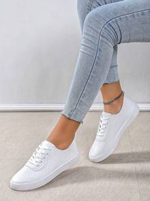女士新款时尚圆头平底休闲运动鞋 - 白色 - 查看 3
