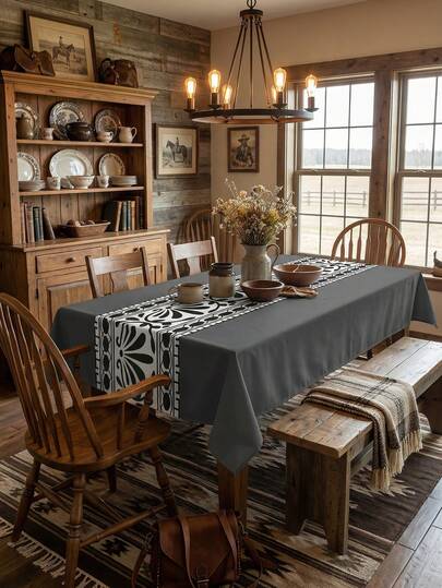 1 Adet Koyu Gri Keten Dokulu Dikdörtgen Masa Örtüsü + 1 Adet Siyah Beyaz Boho Çiçek Desenli Masa Runner Seti, Modern İskandinav Lüks Polyester Leke Tutmaz Su Geçirmez Masa Örtüsü Seti, Yağ Geçirmez Toz Geçirmez Yıkanabilir Yeniden Kullanılabilir Masa Örtüsü, Yemek Odaları, Aile Yemekleri, Çağdaş Ev Dekorasyonu İçin İdeal, Temel Mutfak ve Ev Malzemesi