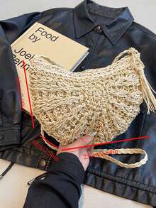 女士半圆形草编包，夏季沙滩藤编单肩包，拉链编织斜挎包，波西米亚风度假夏季手工编织沙滩包，带流苏，钩针镂空旅行手提包，腋下包，钩针编织，假日 - 米色 - 查看 6