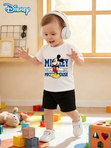 Bộ áo thun ngắn tay và quần short hình chuột Mickey dễ thương cho bé trai sơ sinh của Disney, họa tiết hoạt hình, co giãn, phù hợp cho bé mặc hàng ngày, món quà tuyệt vời. - trắng - Xem 1