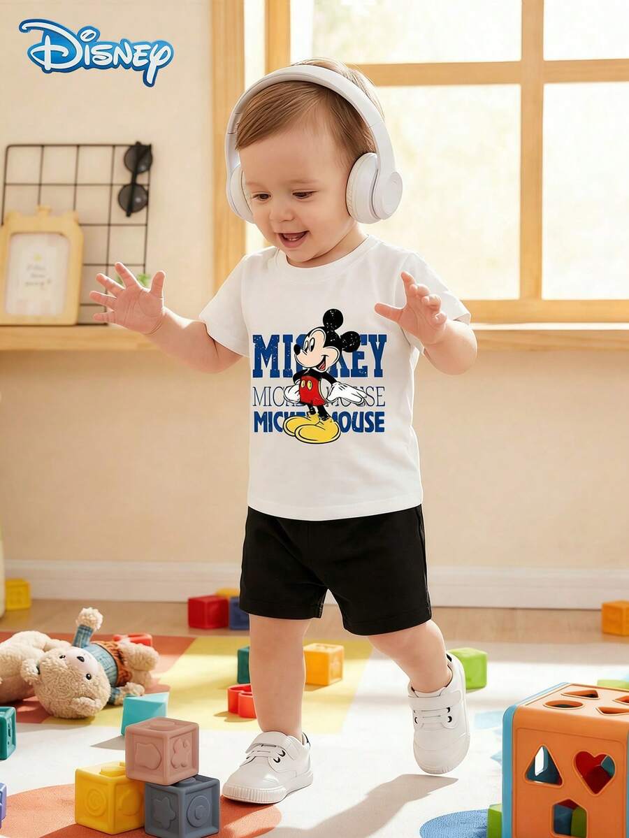 Bộ áo thun ngắn tay và quần short hình chuột Mickey dễ thương cho bé trai sơ sinh của Disney, họa tiết hoạt hình, co giãn, phù hợp cho bé mặc hàng ngày, món quà tuyệt vời. - trắng - Xem 1