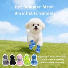 4pcs/Set Pet Open Toe Summer Outdoor Elastic Strap Wear-Resistant Anti-Slip Breathable Mesh Shoes, Suitable For Small Dogs Indoor & Outdoor - Blue - View 1