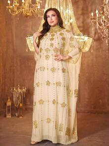 SUPGIR Plus Size Women's Sequin Embellished Stand Collar Dress Spring - Apricot - View 4