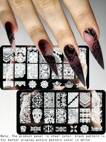 2 Pieces Set Of Elegant Lace Nail Print Board, Including Lace Lace, Crown, Floral Pattern Nail Template, Stainless Steel Nail Hot Stamping Board, DIY Nail Tools - Silver - View 1