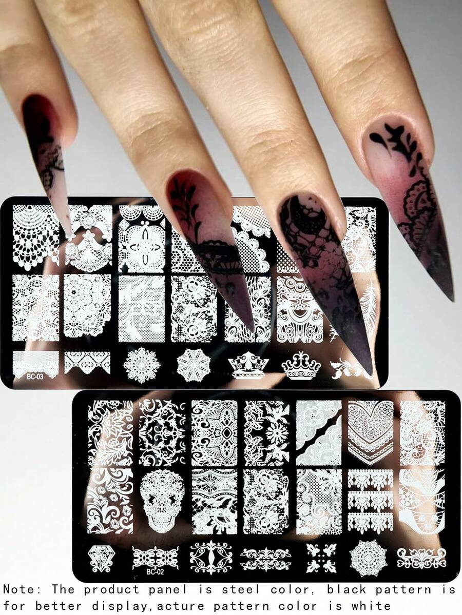 2 Pieces Set Of Elegant Lace Nail Print Board, Including Lace Lace, Crown, Floral Pattern Nail Template, Stainless Steel Nail Hot Stamping Board, DIY Nail Tools - Silver - View 1