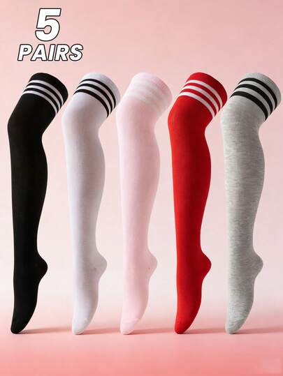 5双装女士春秋季吸湿透气纯色三条纹过膝袜，适合可爱学生、时尚搭配、社交聚会、节日装扮、简约风格、及膝袜