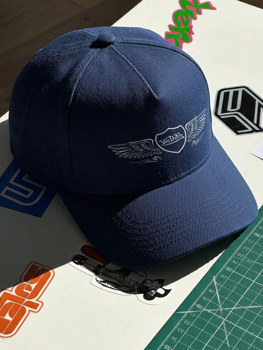 1pcs VonDutch Winged Shield  Printed Baseball Cap, Classic Casual Retro Y2K Unisex Baseball Cap, Adjustable Size, Lightweight And Sun Protection, Suitable For Outdoor Sports, Daily Parties, And Vacations, - 藏蓝色 - 查看 1