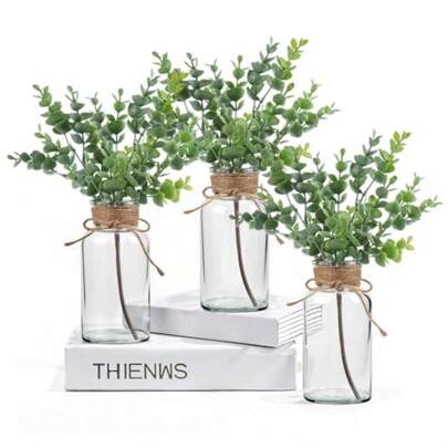 Jarrones de vidrio con plantas sintéticas juego de 3 jarrones transparentes clásico con eucalipto artificial decoración rústica para el hogar boda mesa arreglos florales de granja regalos de