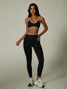 UONNOU Peach Butt-Lifting Fitness Set, Contrast Color V-Neck Spaghetti Strap Sports Bra & Leggings - Black - View 9