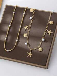 2pcs Bohemian Style Ocean Series Shell & Starfish Beaded Waist Chain For Women - 黃金2 - 查看 4